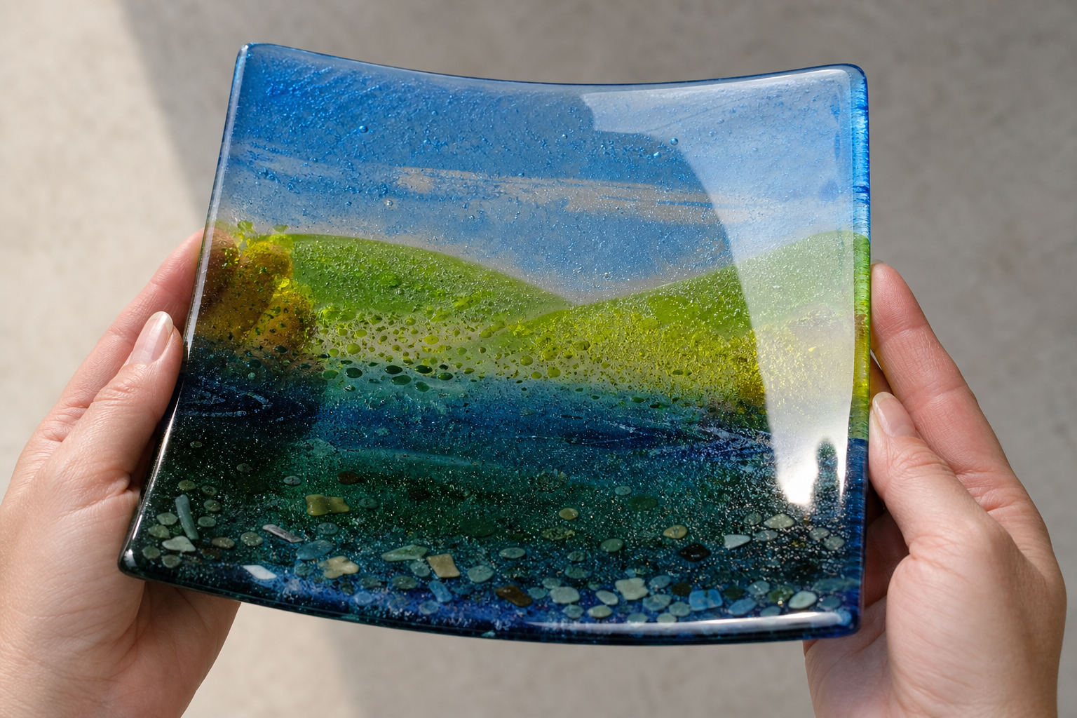 Collection of Peggy Karr plates on open shelving